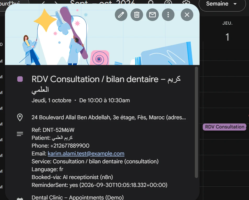 Capture réelle — Rendez-vous réellement enregistré dans Google Calendar