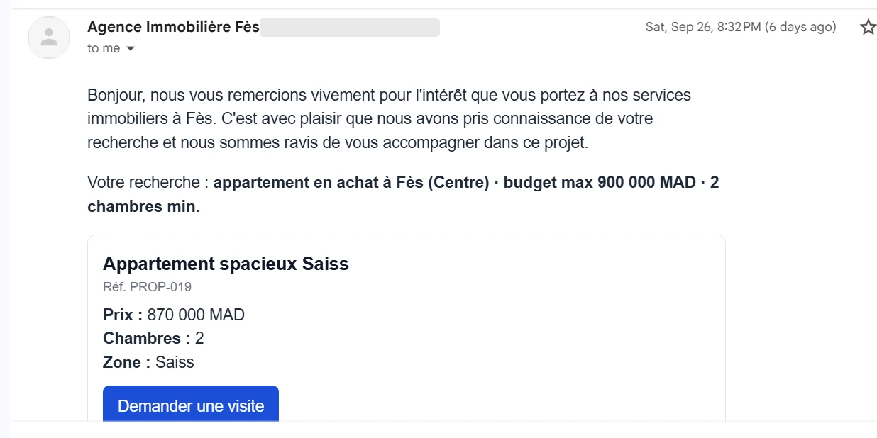 Capture réelle — Email automatique proposant les biens correspondant aux critères du prospect