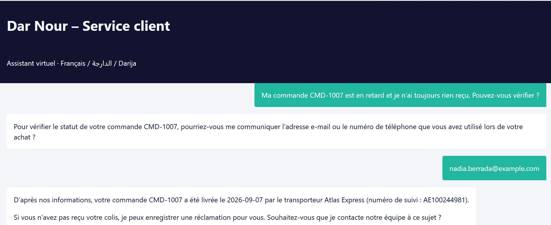 Capture réelle — Incident de livraison détecté après vérification — proposition d’escalade vers l’équipe