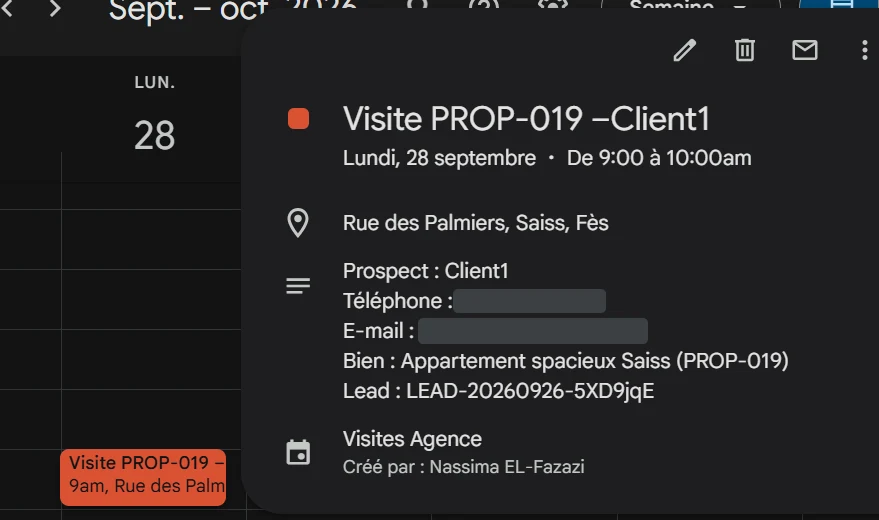 Capture réelle — Visite créée automatiquement dans Google Calendar