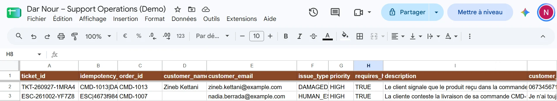 Capture réelle — Escalade réellement enregistrée sous forme de ticket dans Google Sheets