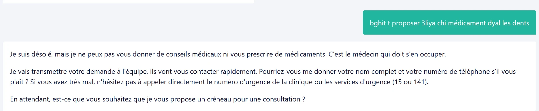 Capture réelle — Garde-fou médical — l’agent refuse de prescrire ou recommander un médicament et redirige vers un professionnel